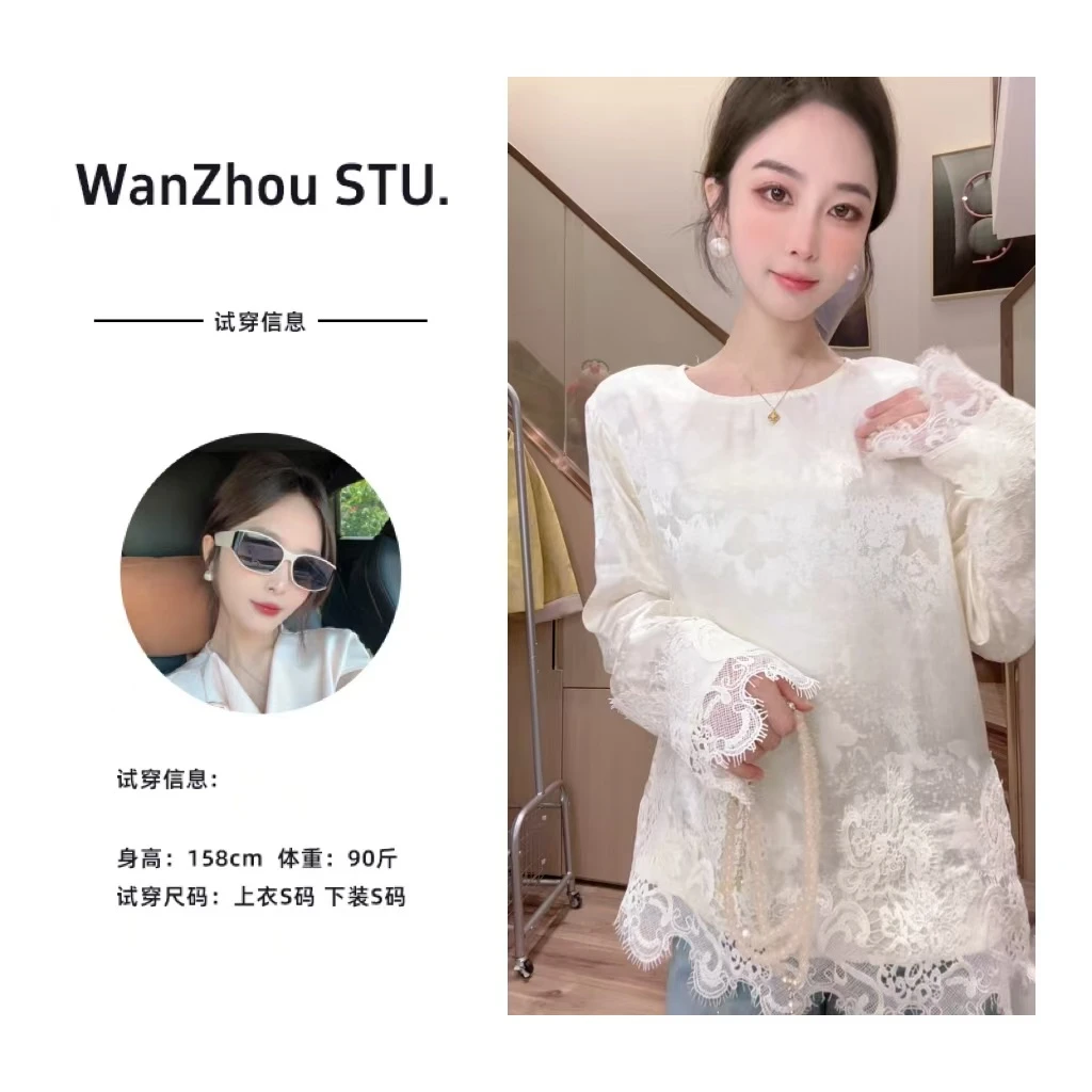 小众蕾丝拼接醋酸提花衬衫女2025春季新款设计感新中式长袖上衣潮
