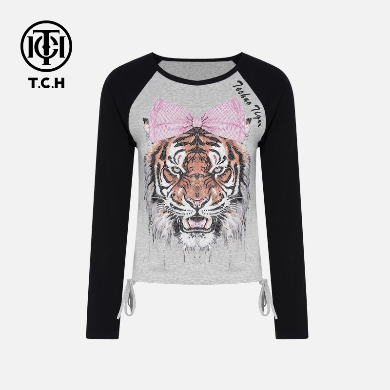 TCH轻奢烫钻工艺卡通老虎头拼接长袖T恤T75C08E9022私服tch