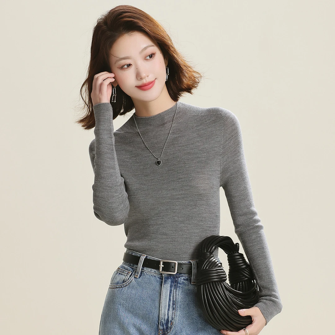 【达人】赛兔可机洗精纺无缝100%羊毛衫女纯色半高领毛衣525245006