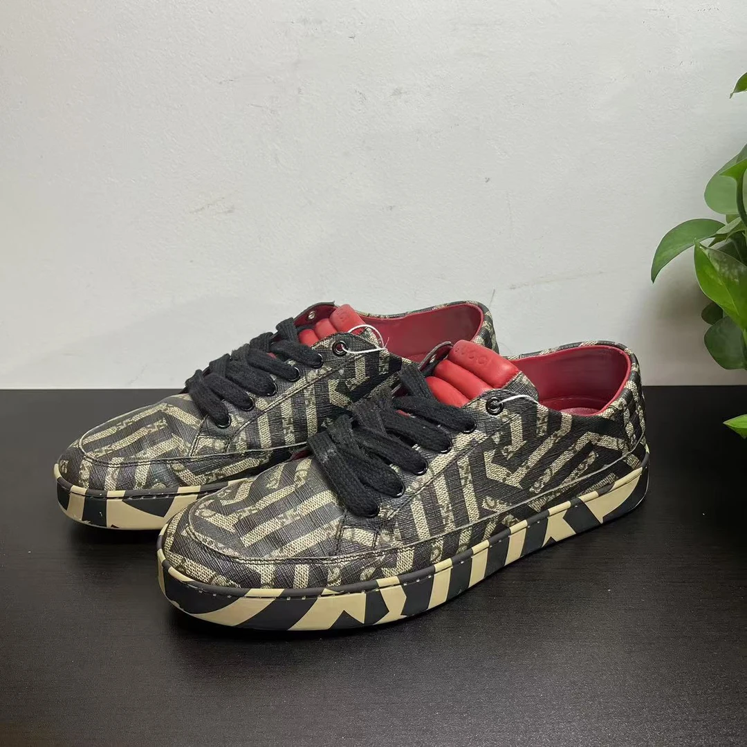95新 GUCCI/古驰 黑棕条纹迷宫棕老花板鞋/百搭/潮流/