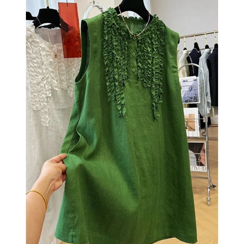 00826重工时尚木耳边背心裙女夏季薄款高端无袖连衣裙中长款裙子