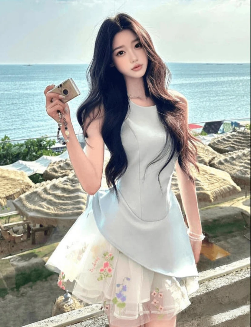 芭蕾风蓬蓬裙收腰修身显瘦不规则下摆无袖背心裙子