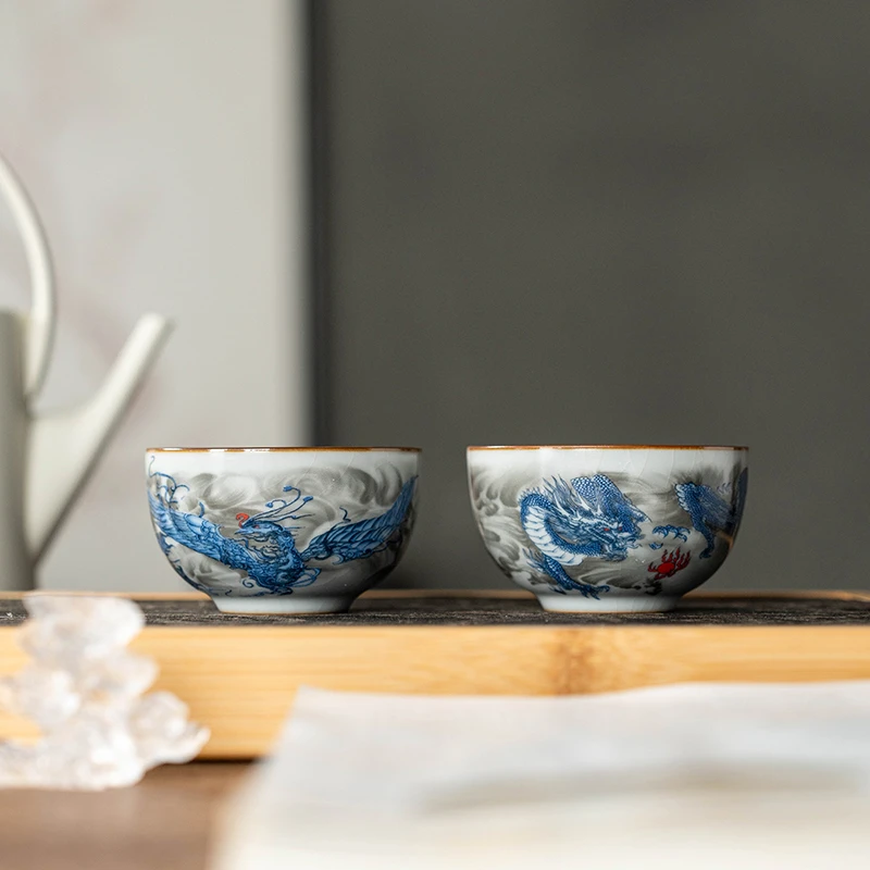 陶瓷功夫茶具个人杯周星瓷坊月白陶瓷主人杯白汝龙凤对杯 MC075