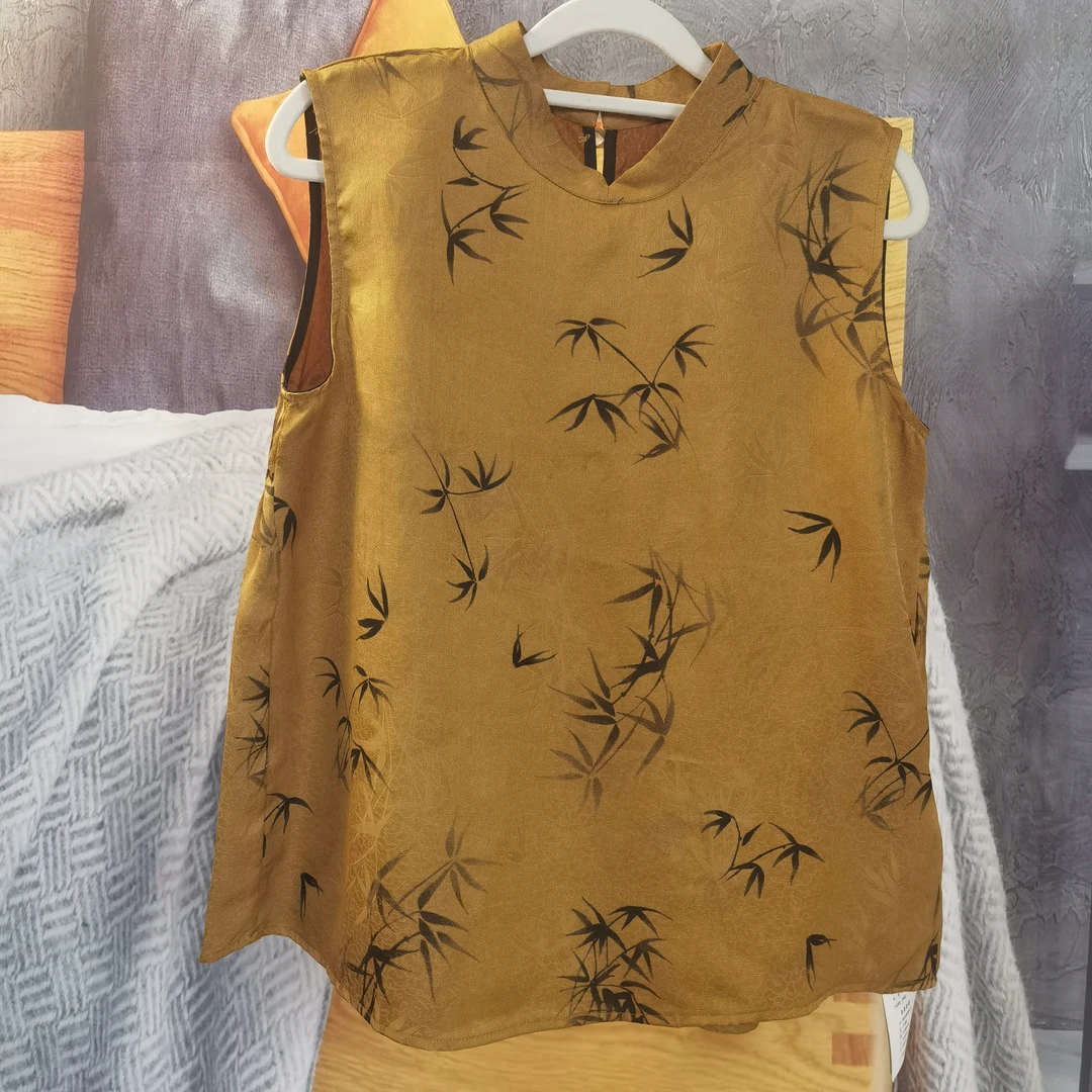 #602百分百桑蚕丝香云纱燕子印花无袖背心