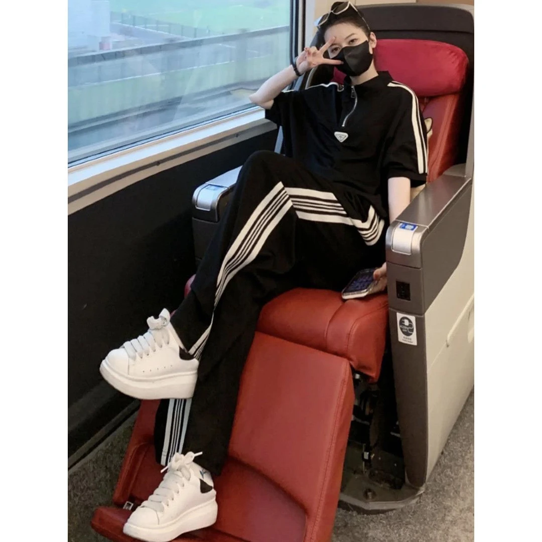 春夏季特大码运动服休闲套装男款300斤侧边条纹宽松阔腿裤两件套2