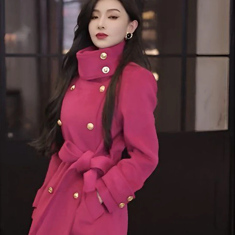 又美又飒时髦个性双排扣立领中长毛呢外套显瘦个性网红爆款秋冬新