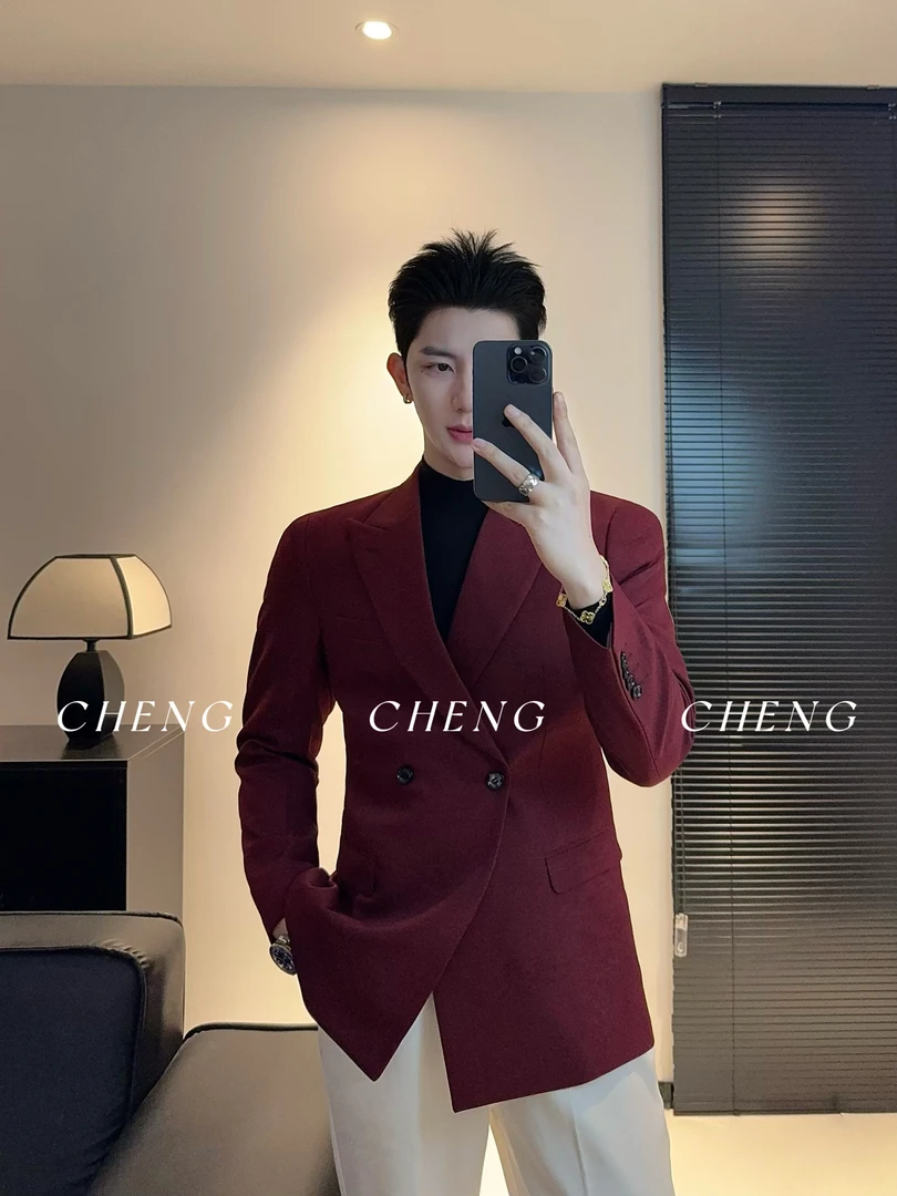 「程程的试衣间」秋冬意式高奢双排扣西装男士百搭时尚纯色潮流西服