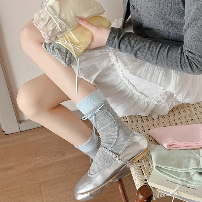 袜子女春夏撞色蝴蝶结双罗口中筒袜日系甜美少女泡泡口百搭堆堆袜