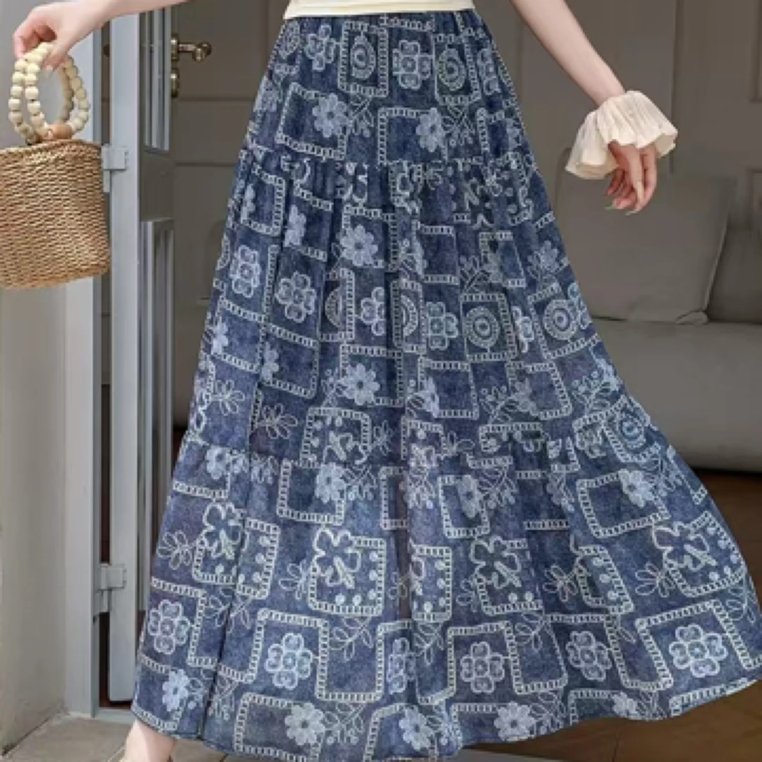 Meiky饼 波西米亚民族风 飘逸雪纺印花半身裙 2色