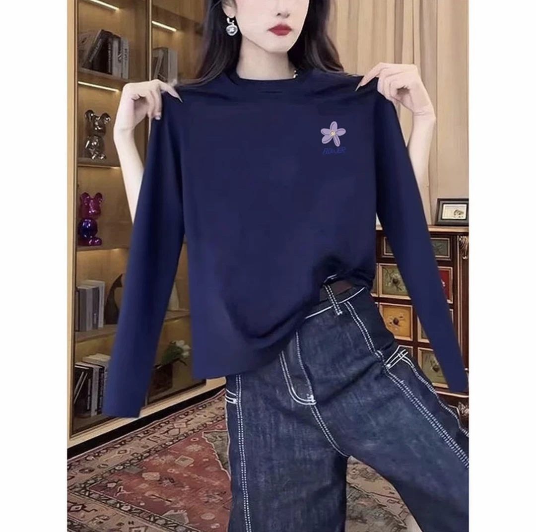 宽松t恤女长袖藏青色打底衫百搭休闲内搭2025新款早秋季上衣圆领