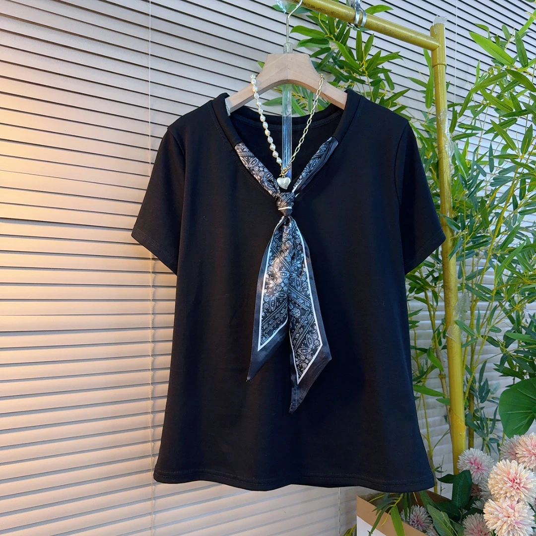 8195胖mm欧货时尚设计感圆领纯色领带蝴蝶结显瘦减龄百搭短袖衫60