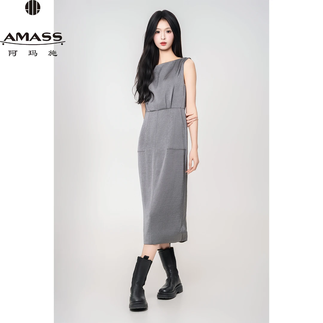 AMASS/阿玛施春夏新款时尚气质设计感优雅无袖纯色连衣裙 5500508