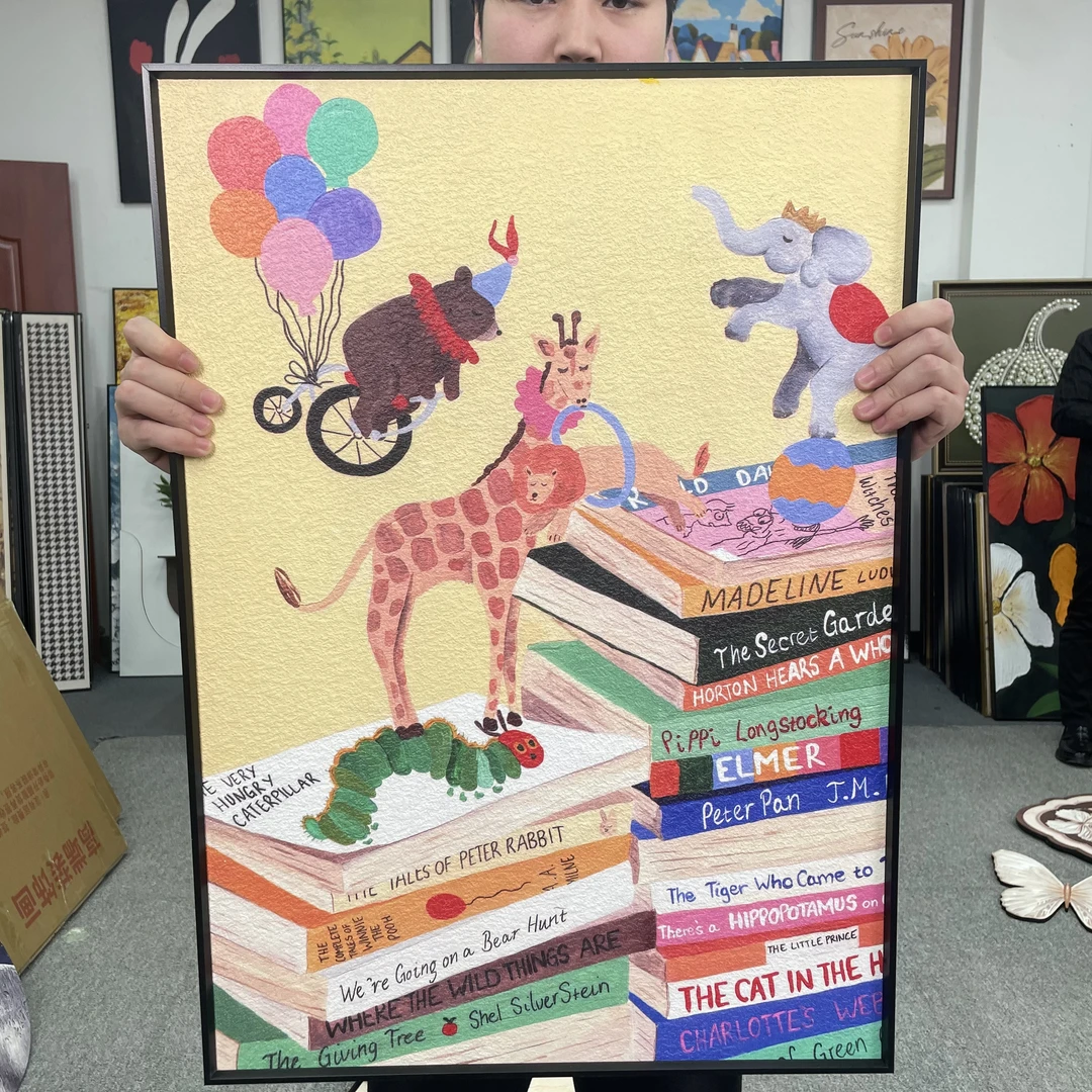 卡通多巴胺抽象动物书本砂岩高级感客厅沙发背景墙装饰画5070