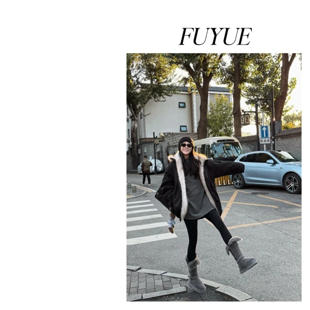 FUYUE赴约 品质黑色两面穿毛毛外套秋冬宽松立领百搭
