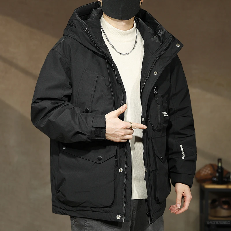 冬季2025新款80鸭绒工装羽绒服男士大码宽松防寒服保暖连帽外套潮