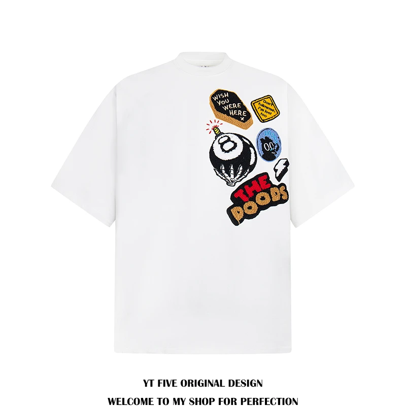 YTFIVE 潮牌美式复古趣味徽章植绒刺绣短袖T恤男女宽松重磅短袖夏
