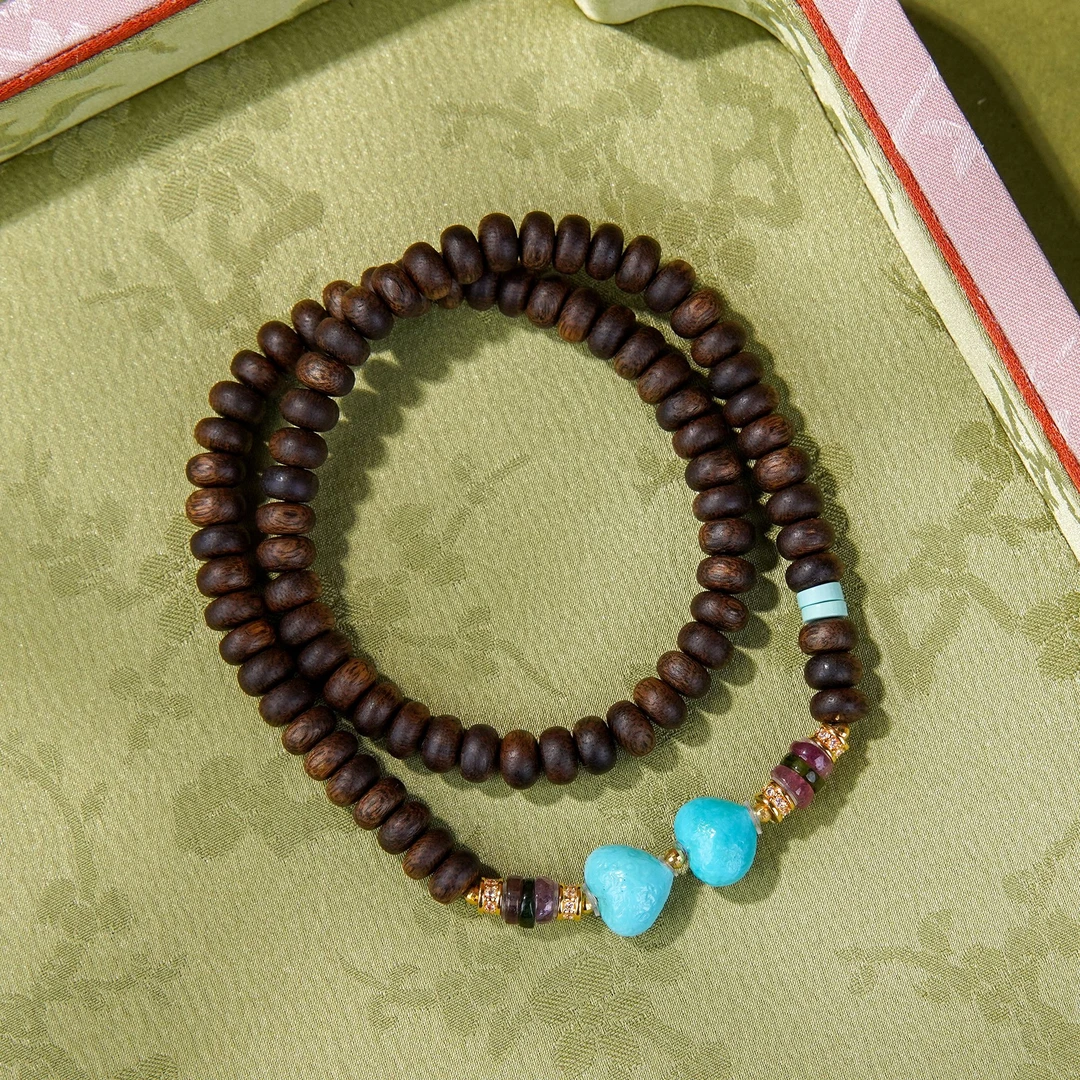 沉香沉水白奇楠0.6DIY绿松屁桃碧玺18k沉香手串双圈/CX00543