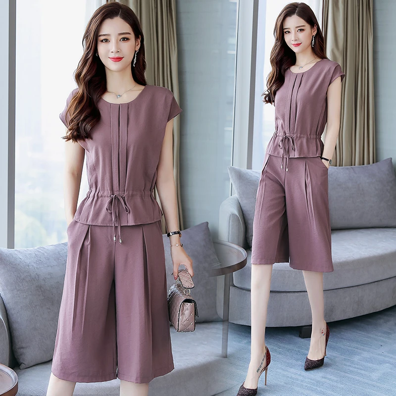 小个子休闲阔腿裤套装女夏装2025新款洋气时尚显瘦七分裙裤两件套