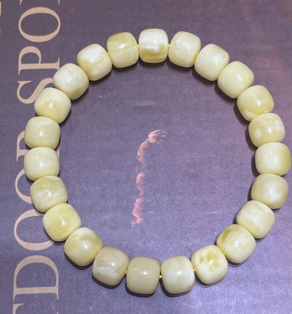 琥珀奶白花蜜蜡精工老型手串，9.8m，13g，天然原矿保真