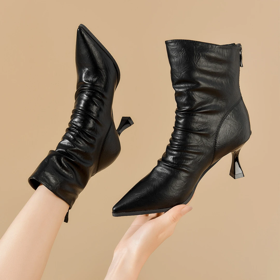 风度尖头靴子女2025新款时尚气质高跟小短靴女士细跟冬季加绒