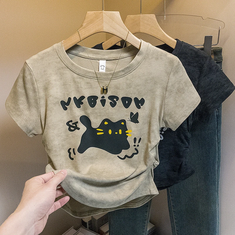 yoewshean/羽媗胖mm短袖T恤女夏季韩系上衣潮复古扎染印花褶皱