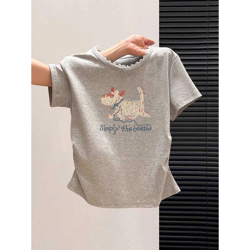 灰色蕾丝拼接正肩圆领短袖t恤女夏新款时尚百搭减龄收腰显瘦上衣