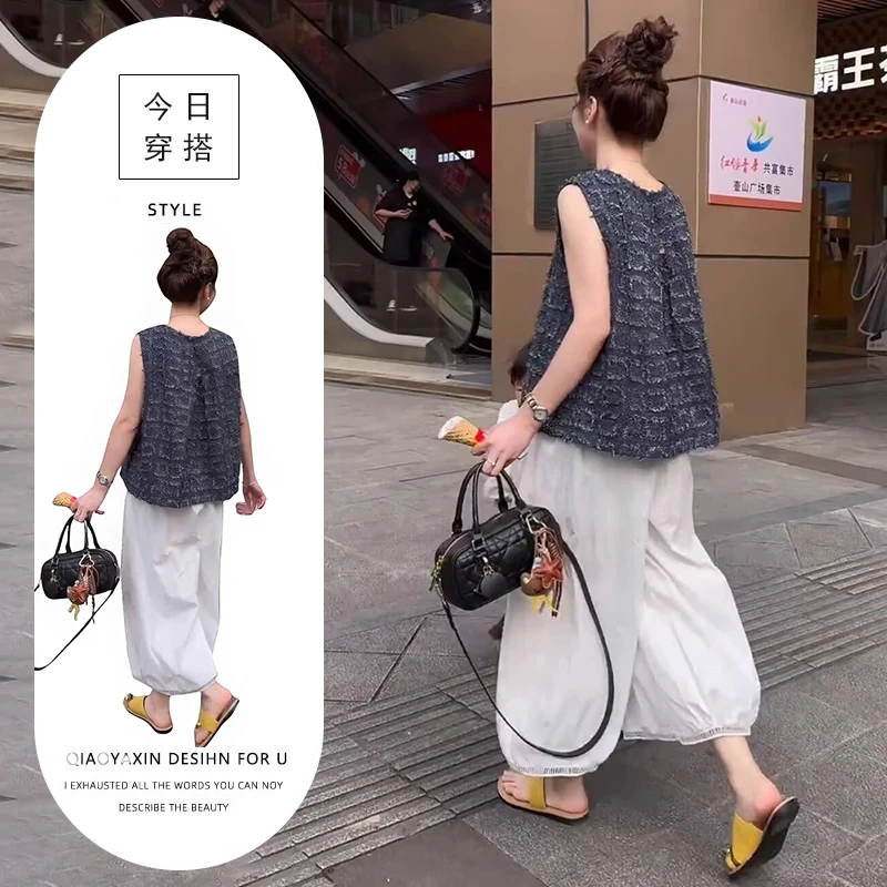 韩系后镂空毛边小香风无袖上衣女2025年夏季宽松显瘦阔腿裤两件套