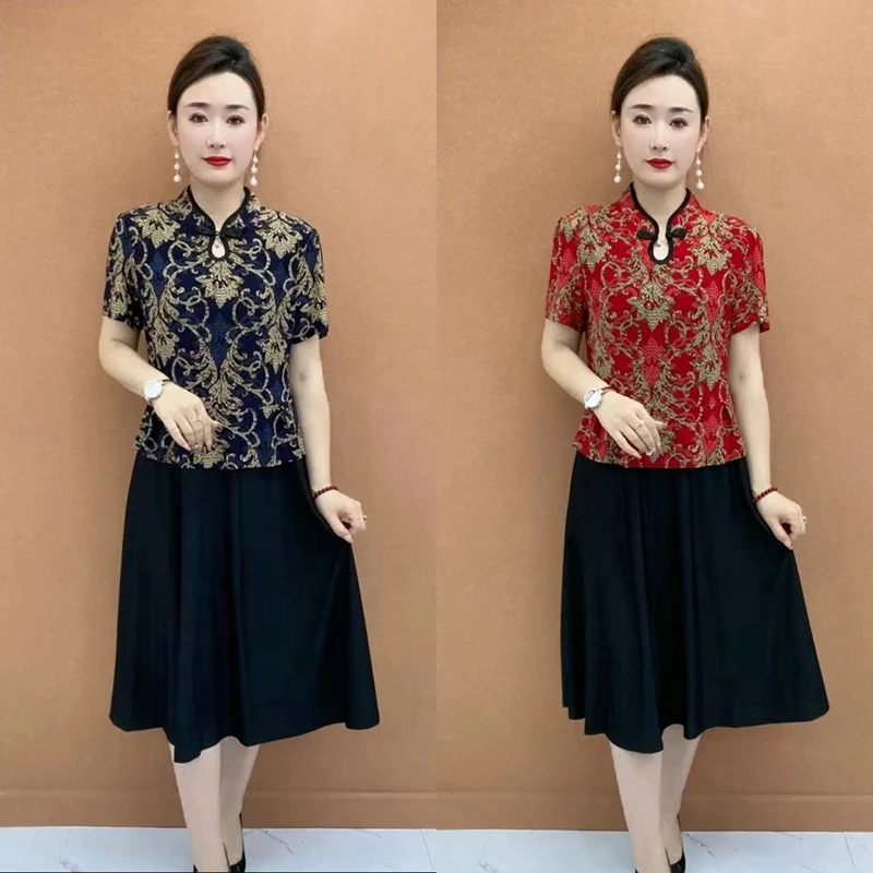 洋气减龄妈妈装假两件时尚夏季连衣裙遮肚显瘦中老年妇女士长裙子