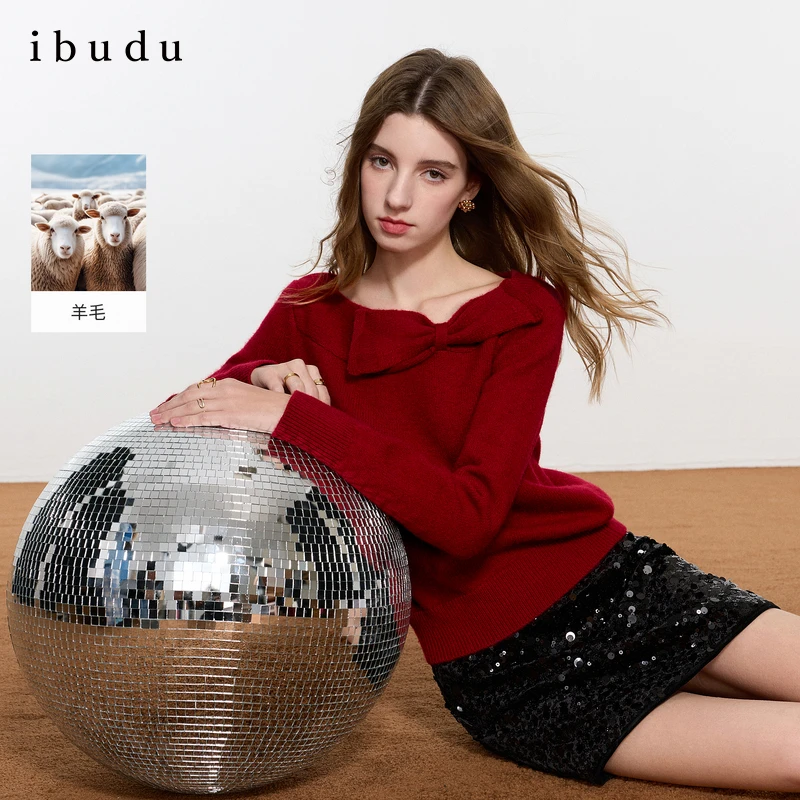 三彩ibudu2025冬季新款蝴蝶结针织衫一字领毛衫套头女