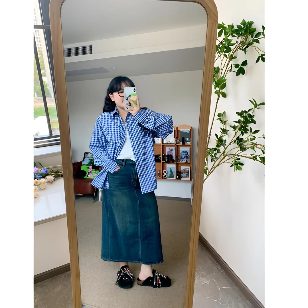 男女同款蓝白袖长格子衬衫气质长袖显瘦时尚休闲小众宽松设计感