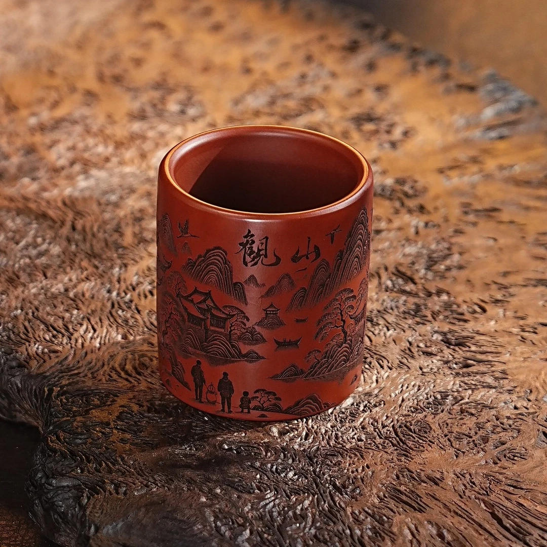 宜兴紫砂茶具  原矿大红袍泥料刻绘观山紫砂主人杯