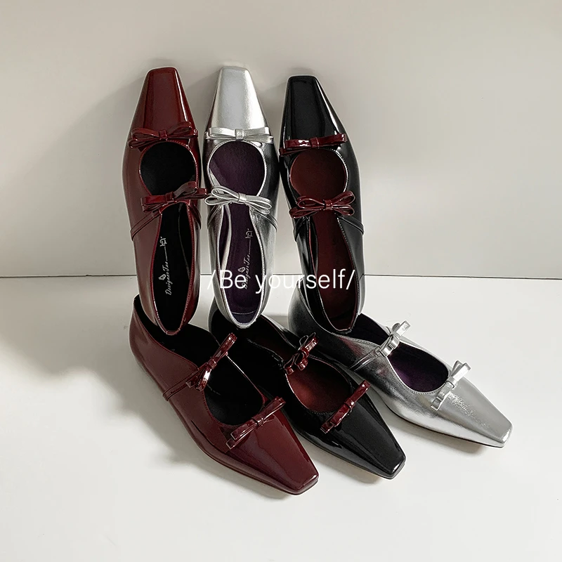 【羊皮】内增高2CM/气质小方头蝴蝶结一字带玛丽珍鞋百搭浅口单鞋女