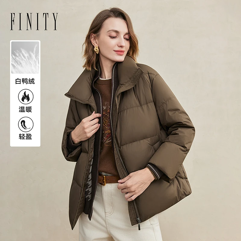 FINITY菲妮迪新款羽绒服短款厚款拉链拼接简约轻盈韩版加厚立领