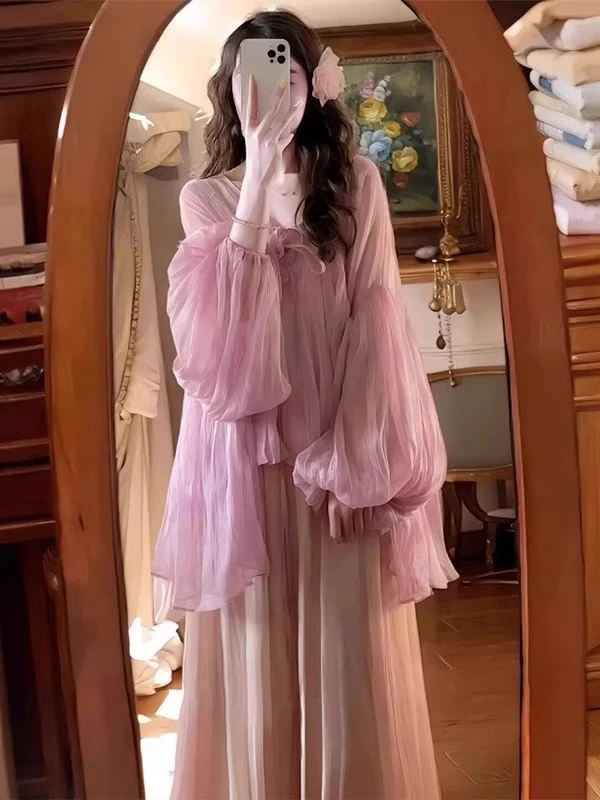 2025夏季穿搭套装女粉色独特绝美泡泡袖雪纺上衣网纱半身裙子
