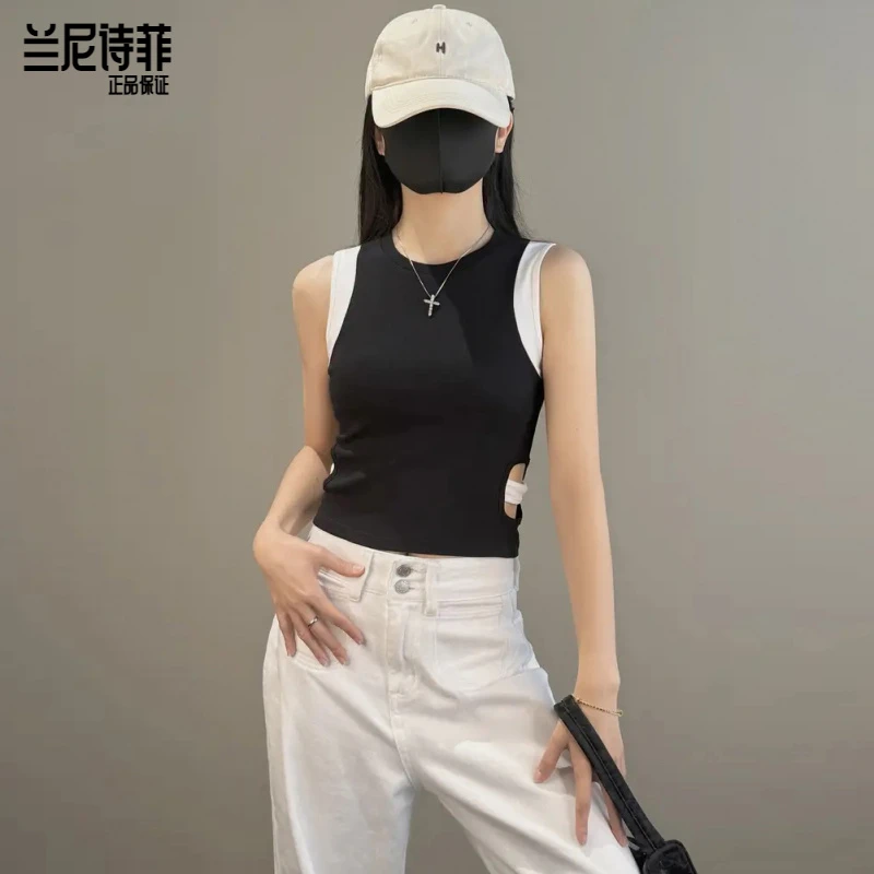 兰尼诗菲假两件拼色圆领无袖背心女修身欧若风掐腰镂空内搭打底衫