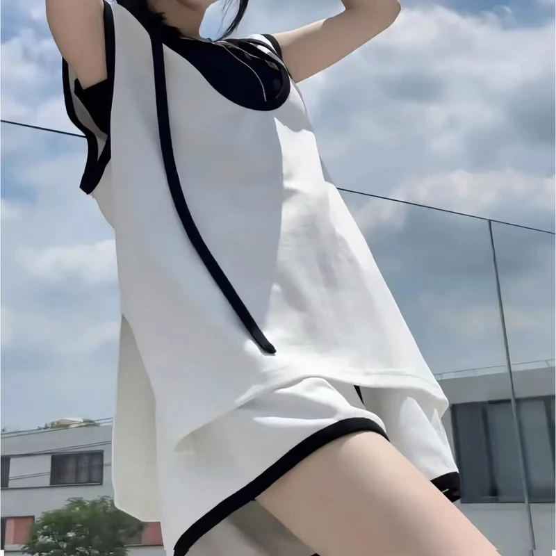 夏季新款韩版时尚显瘦运动休闲套装女慵懒宽松无袖连帽短裤三件套