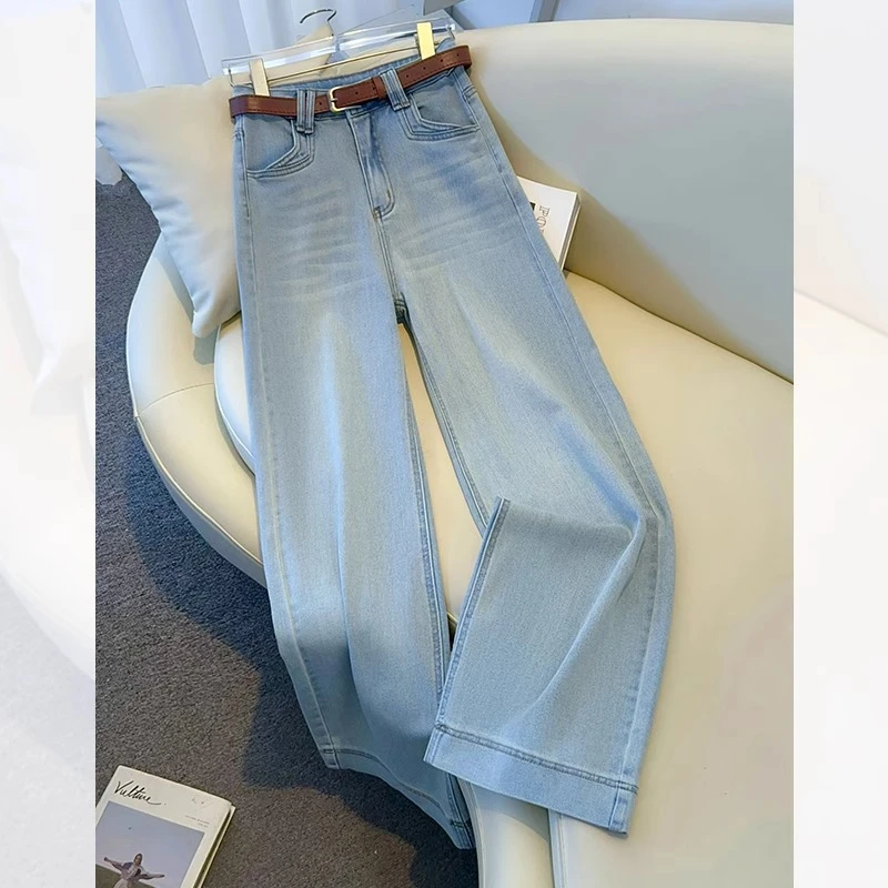 浅色窄版阔腿牛仔裤女春秋2025新款宽松显瘦拖地裤时尚潮流直筒裤