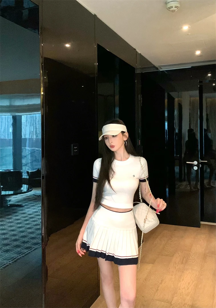 美式复古白色针织短袖T恤半身裙套装修身两件套#66490