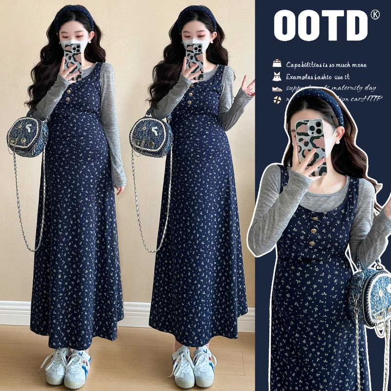 孕妇装秋装套装2025新款孕妈穿搭气质显瘦碎花背心裙打底衫两件套