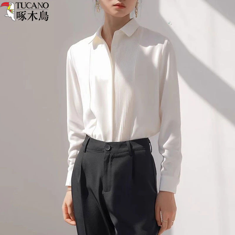 啄木鸟早秋新款白色衬衫女装职业通勤抗皱显瘦高级感长袖工作衬衣