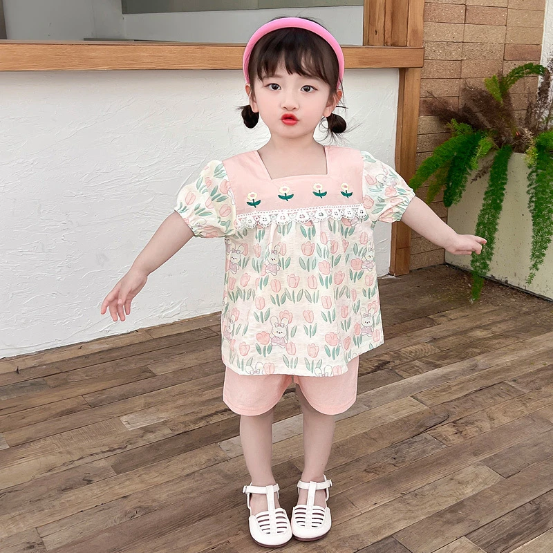 跨境女宝宝短袖套装洋气新款夏季网红童装衣服两件套女童代发