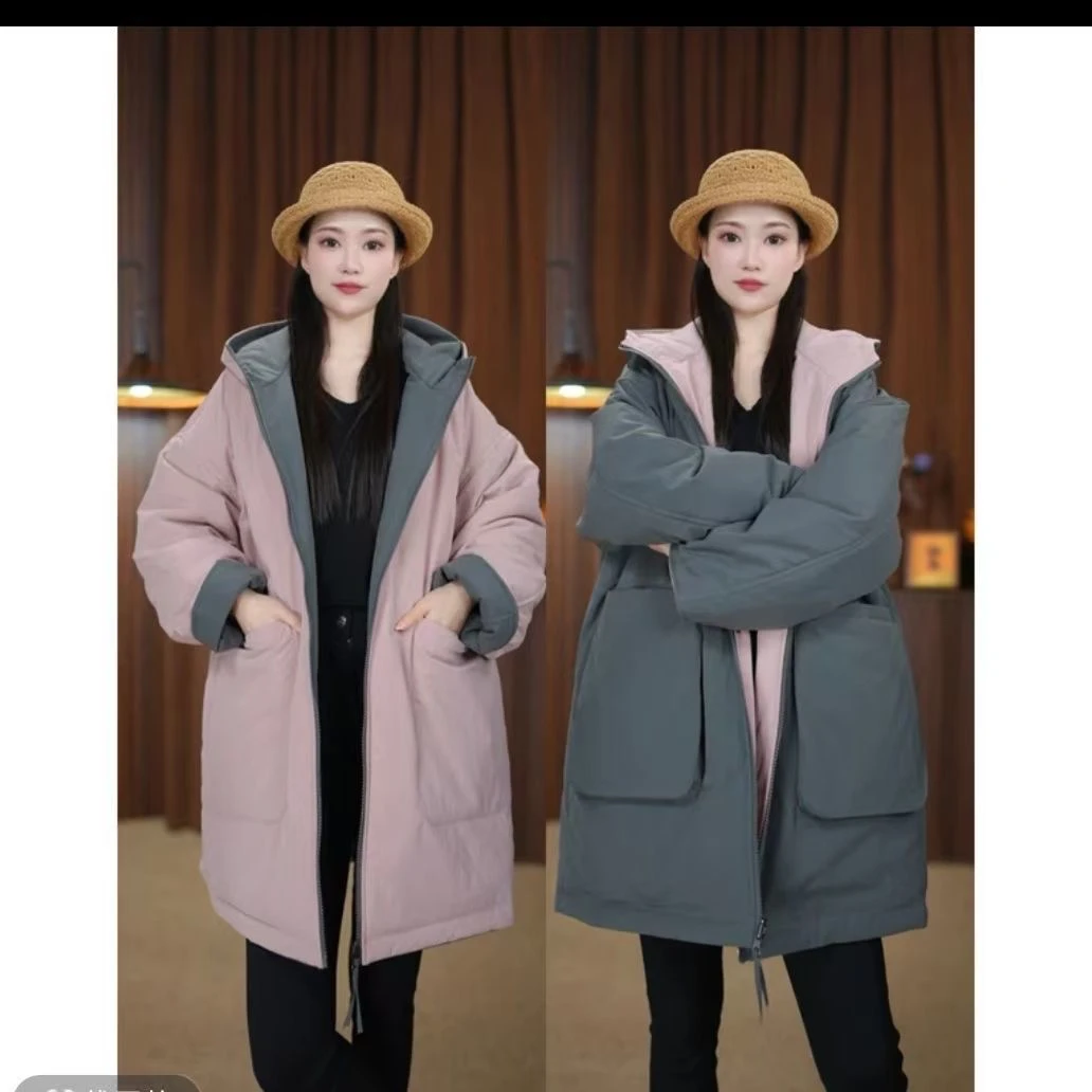 2025新款高级冬季棉服连帽双面拉链宽松时尚加厚保暖气质显瘦撞色