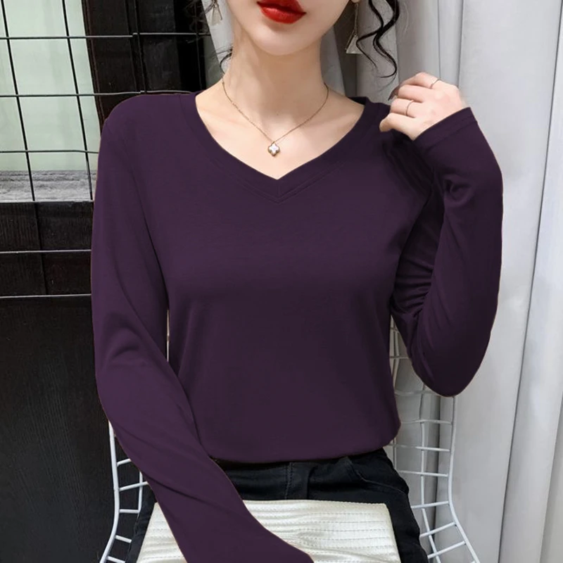 葡萄紫莫代尔长袖t恤女春秋季2026新款V领百搭打底衫修身显瘦上衣