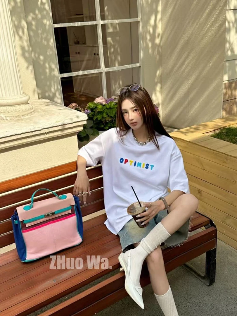 【肉总】韩版宽松字母透气卡通中长款大阪T9070