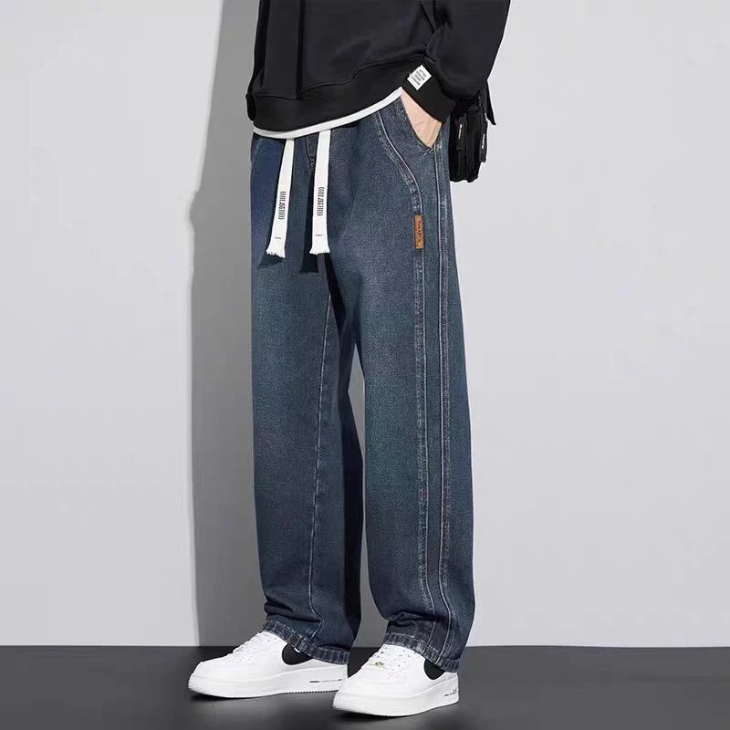 春秋季宽松直筒松紧腰男士牛仔裤（无弹）