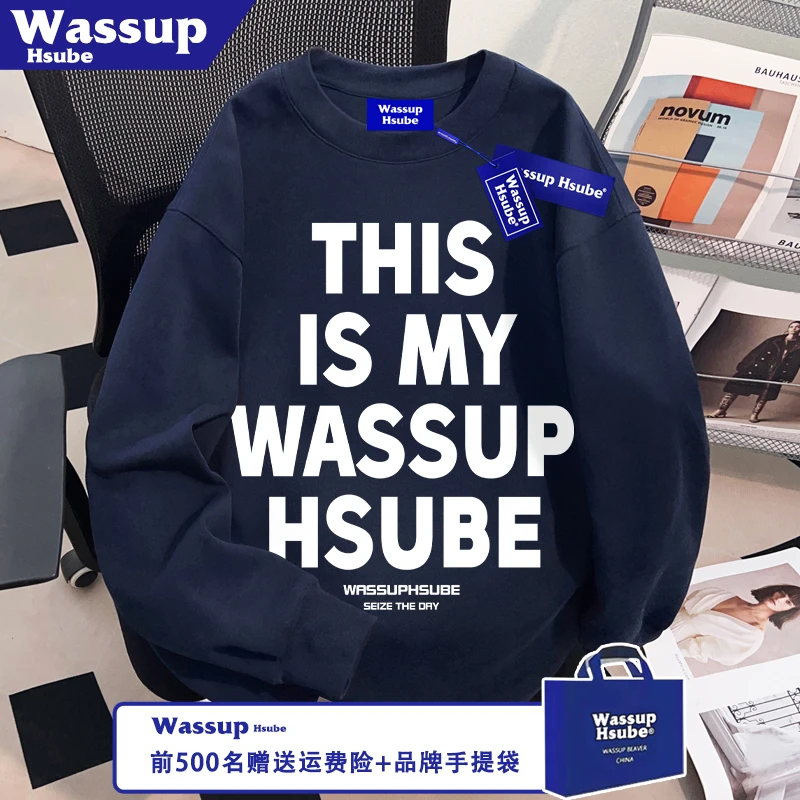 WASSUP HSUBE秋季藏青色上衣英文印花T恤ins100%纯棉男女新款长袖