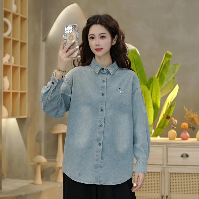 8823春季通勤系扣宽松型衬衫袖衬衫复古休闲长袖小马牛仔外套