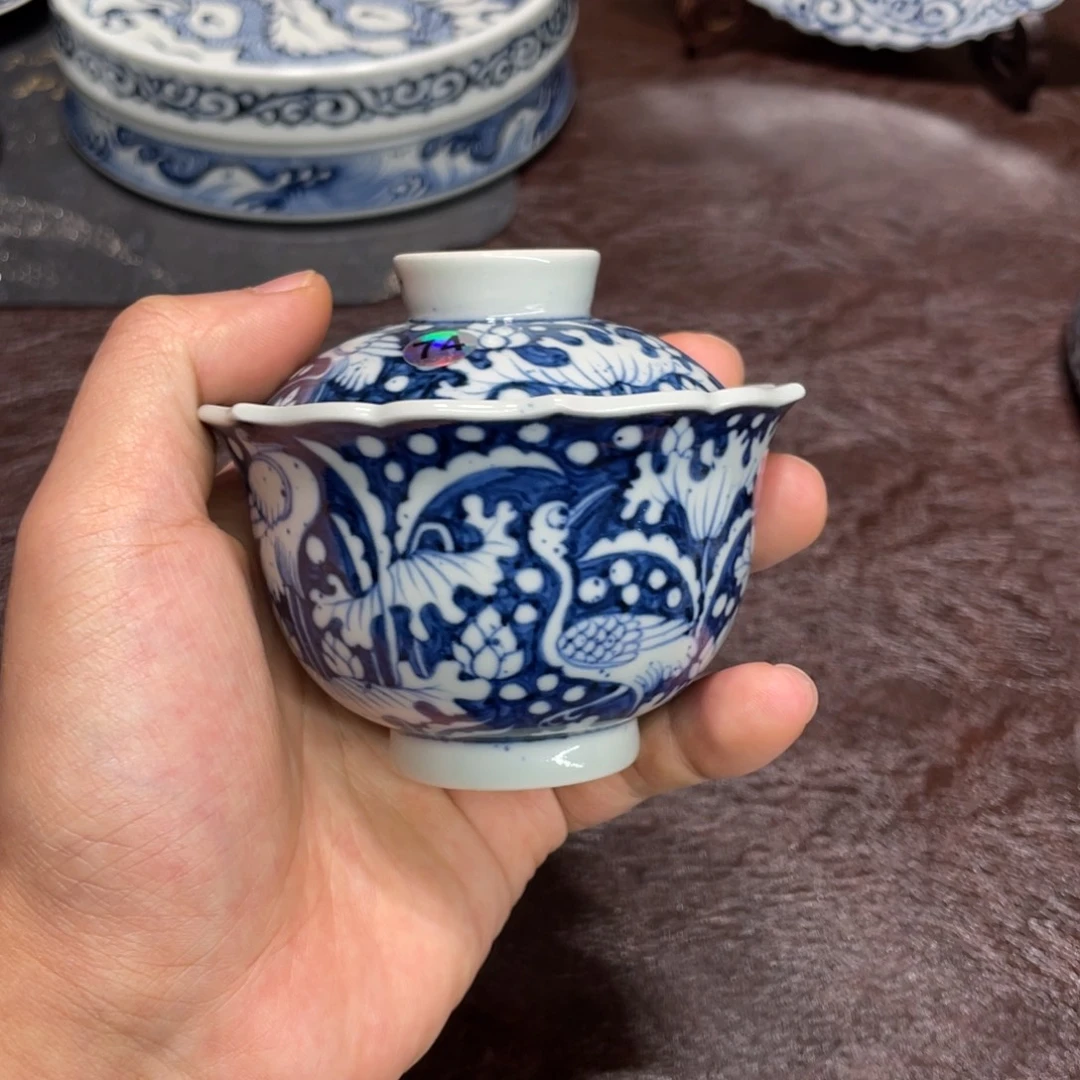景德镇纯手工手绘一鹭盖碗74