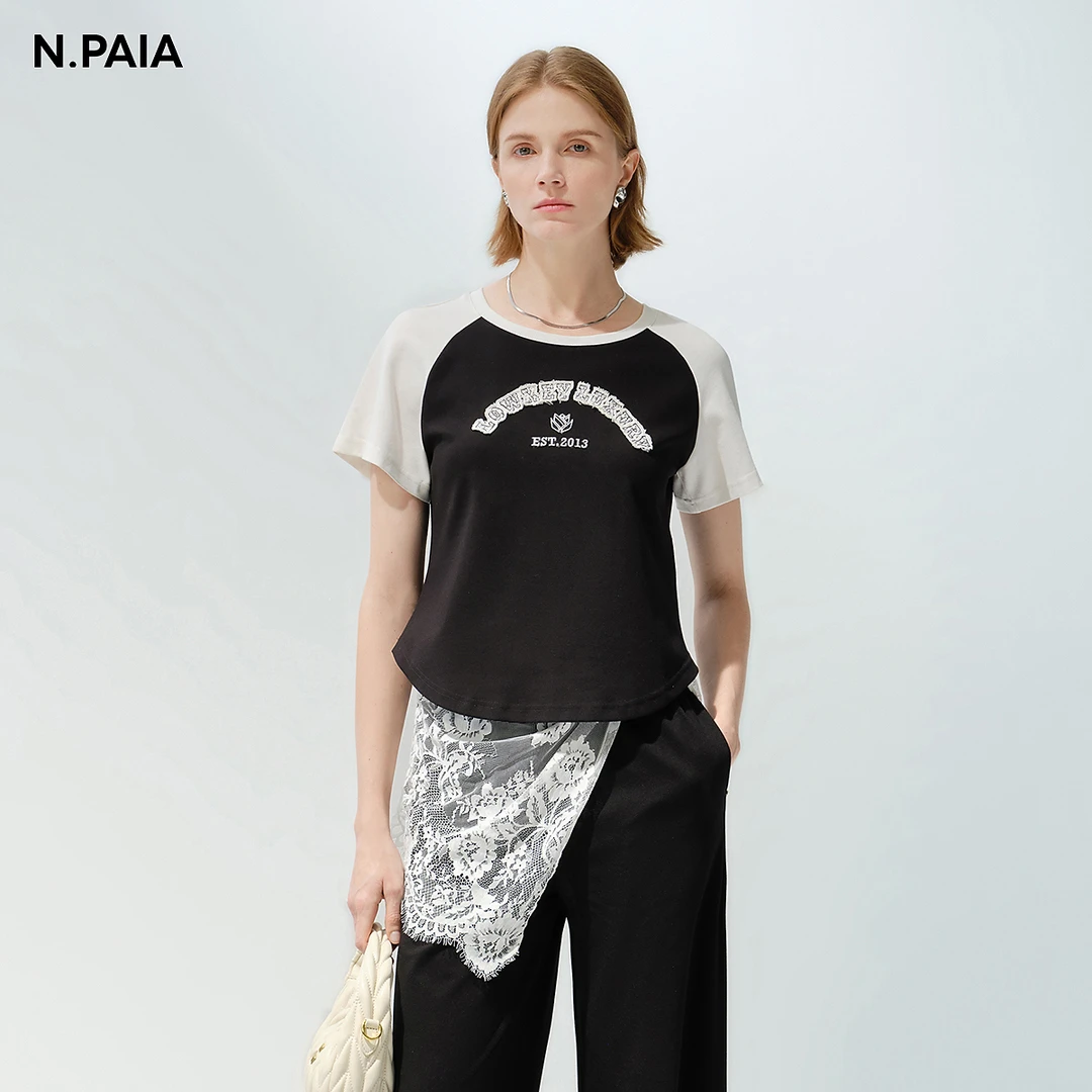 恩派雅2025新款郁金香字母贴布绣相拼短袖圆领T恤女XNKPC5332A