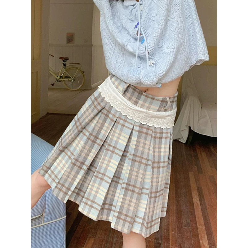 洋气减龄毛呢格纹半身裙女2025秋冬新款高腰拼接花边a字百褶短裙